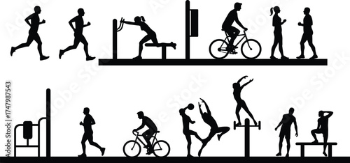 Silhouette illustration of fitness activities, people running, cycling, exercising, stretching, dancing, gym workout, outdoor lifestyle, healthy recreation, social interaction
