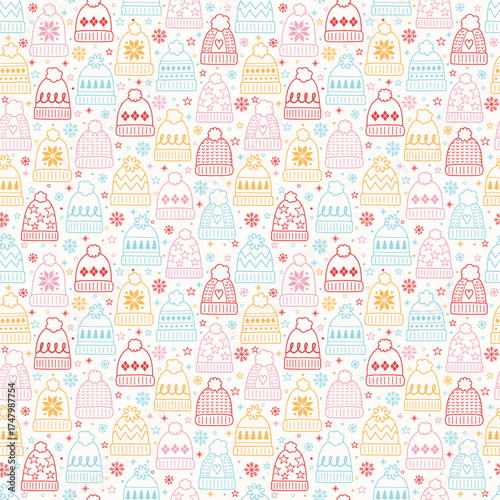Cute hand drawn winter hat background. Design of a Christmas seamless pattern. Vector illustration