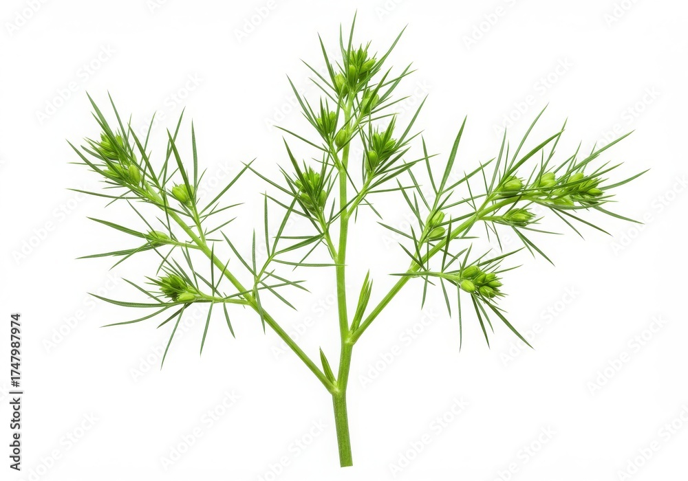 Obraz premium Fresh Green Dill Sprig with Buds on Plain White Background