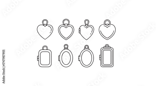 Collection of outline jewelry charms including hearts and ovals for crafting and design projects vector