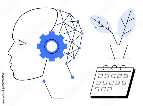Artificial intelligence head with neural network and gear, potted plant symbolizing eco-conscious growth, and calendar for time and strategy. Ideal for technology, innovation, growth, environment