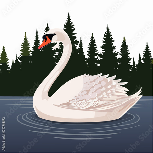Elegant Swan in Calm Water with Forest Backdrop Illustration