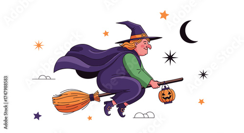 Witch flying on a broomstick with a pumpkin lantern, magical mood, Halloween night, copy space