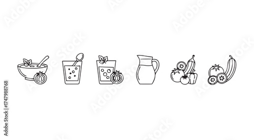 Hand drawn fruit drinks and produce icons representing fresh healthy lifestyle choices vector