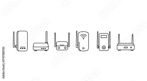 Collection of wireless routers and wifi extenders hand drawn sketch style vector