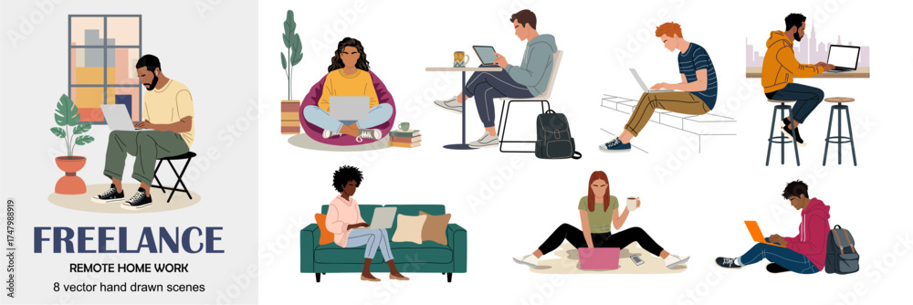 Naklejka premium Flat vector illustration set of freelancers working remotely from home, diverse people using laptops and tablets in cozy modern interiors, casual work scenes, digital lifestyle concept