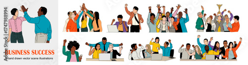 Flat vector illustration set of diverse business teams celebrating success, high-fives, teamwork, victory, motivation, and achievement in modern office scenes, corporate celebration concept