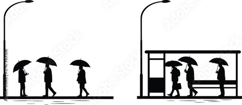 Silhouette illustration of rainy day city scene, people with umbrellas walking and waiting at bus shelter, urban lifestyle, weather concept
