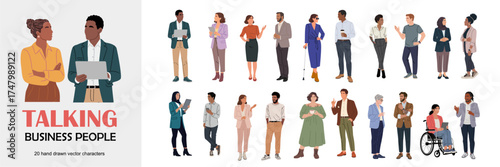 Flat vector illustration set of diverse business professionals in modern attire and poses, minimalist corporate people collection, teamwork, communication, diversity, and leadership concept.