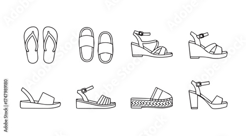 Collection of hand drawn sketch style footwear designs for summer fashion vector