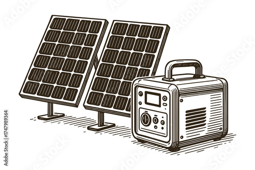 Vintage sketch solar generator ,solar panels, portable power, off grid, charging station, eco energy