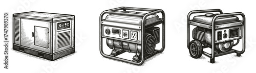 Vintage sketch generator set, diesel generator, portable generator, inverter generator, emergency power, backup electricity