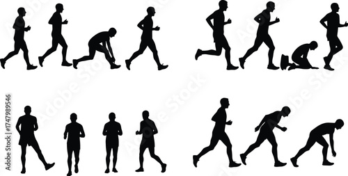 Silhouette illustration of running and falling sequence, human motion study, biomechanics, sports training, athlete movement, exercise progression, injury prevention concept