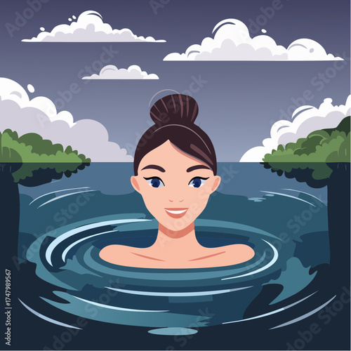 Woman enjoys a refreshing dip in tranquil blue water surrounded by lush green trees
