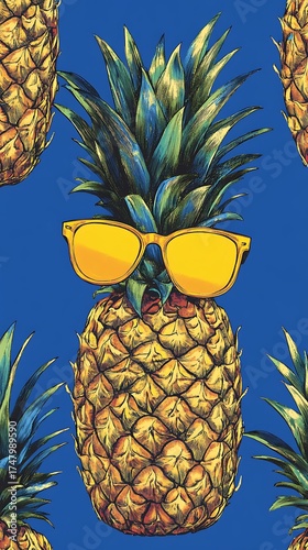 Pineapple with Yellow Sunglasses on a Blue Background, Colorful
