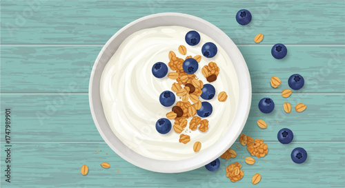 Yogurt Bowl with Blueberries and Granola on Turquoise Background