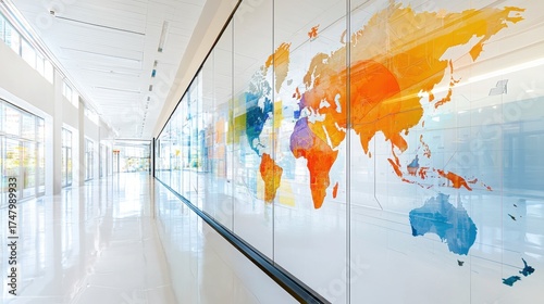 A modern hallway featuring a colorful world map mural on glass walls, reflecting a bright and airy atmosphere.