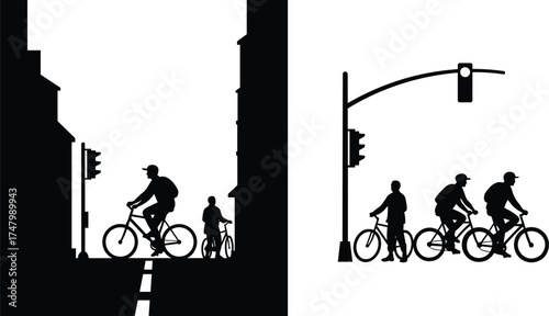 Silhouette illustration of urban cycling, city street with bicycles, traffic lights, road safety, family riders, outdoor lifestyle, sustainable transportation concept