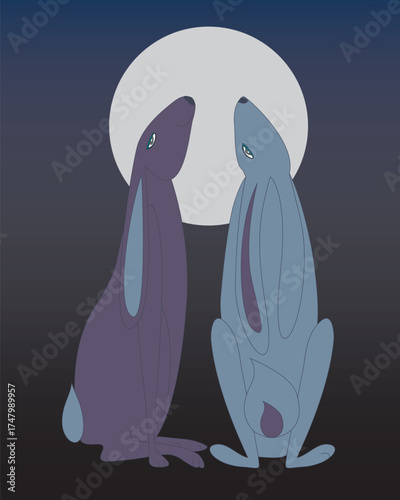 Two hares in moonlight