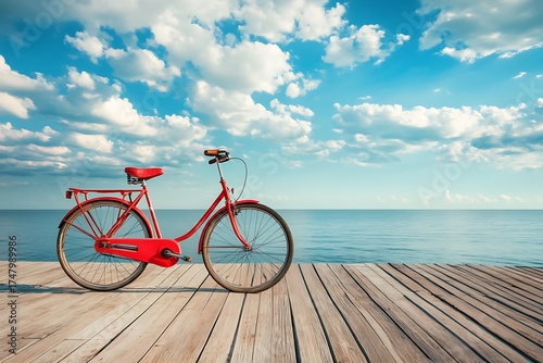 Red Bicycle Parked on Wooden Pier with Sea and Cloudy Sky View Summer