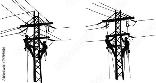Silhouette illustration of utility linemen on lattice poles, electrical maintenance, power line repair, safety harness, infrastructure service, industrial labor concept