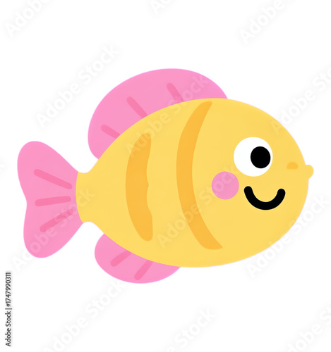 Yellow Fish with Pink Fins, Smiling, on Transparent Background, Watercolor Illustration for Digital Media