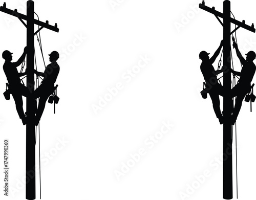 Silhouette illustration of utility linemen climbing poles, electrical maintenance teamwork, power line repair, safety gear, infrastructure service, industrial labor concept