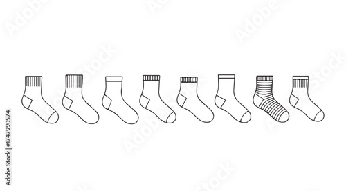 Collection of hand drawn outline socks diverse styles and patterns for fashion design and garment concepts vector