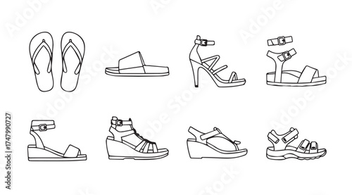 Collection of eight hand-drawn summer sandals and flip-flops for fashion and style vector