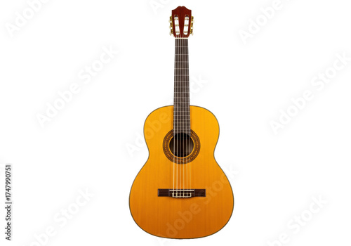 Isolated classical guitar with strings, sound hole, frets, tuning keys, bridge, and saddle
