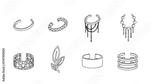 Collection of diverse hand drawn fashionable bracelets and cuffs sketch art vector