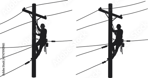 Silhouette illustration of utility workers climbing poles, electrical maintenance, power line repair, safety gear, infrastructure service, industrial labor concept