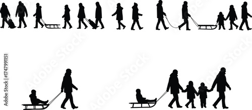 Silhouette illustration of winter sledding, family walking in snow, outdoor seasonal activity, children on sleds, holiday recreation, cold weather lifestyle