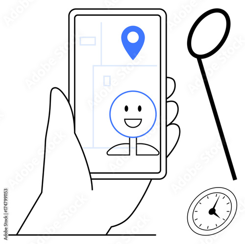 Hand holding smartphone displaying happy face and blue location pin. Stopwatch and magnifying glass surrounding. Ideal for navigation, search, time management, tracking, apps, technology, simple flat