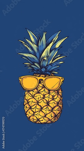 Stylish Pineapple with Yellow Sunglasses on Blue Background Cool Tropical Fruit