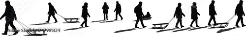 Silhouette illustration of winter sledding, people walking with children, outdoor snow activity, family recreation, seasonal holiday lifestyle, cold weather fun