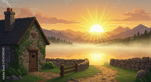 Idyllic Lakeside Cottage at Sunrise A Serene Mountain Retreat in Nature's Embrace