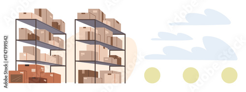 Stacked shelves organized with multiple boxes, showing efficient warehouse setup. Ideal for logistics, storage, inventory, supply chain, e-commerce, package delivery retail. Simple flat metaphor