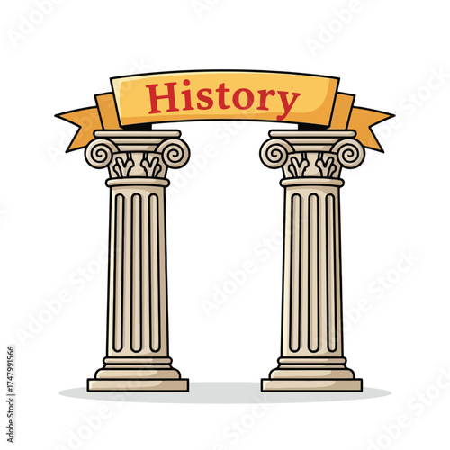 Two ancient columns with a history banner isolated on white background