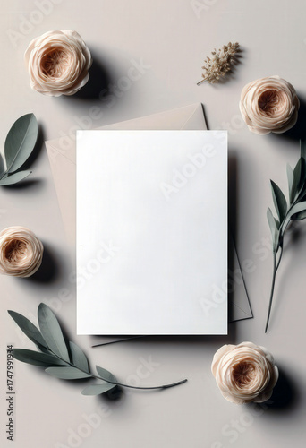 Elegant Blank Greeting Card with Floral Decoration and Eucalyptus Leaves.