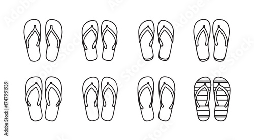 Collection of hand drawn flip flop sandals in sketchy outline style for summer beach footwear vector