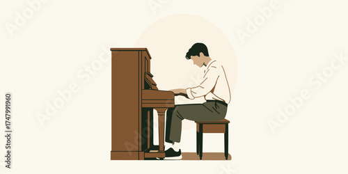 A young man playing the piano in a minimalist style illustration