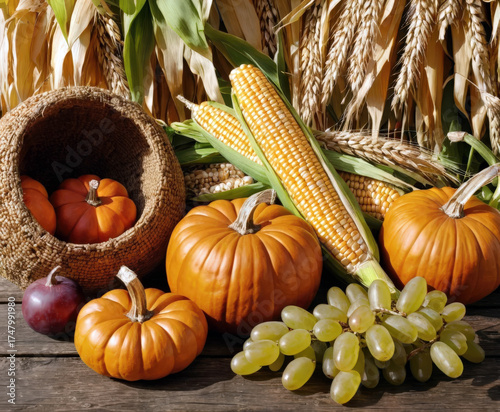 Autumn Harvest Scene with Pumpkins, Corn, Grapes, and Wicker Basket.