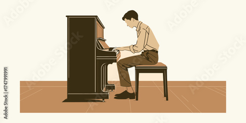 An illustration of a concentrated man playing an upright piano with dedicated focus, embodying the art of musical performance and the peaceful practice of instrumental expression