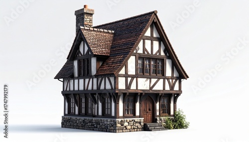 Traditional Tudor-style cottage with steeply pitched roof, exposed wooden beams, stone chimney and foundation, arched wooden front door, reddish-brown tiled roof, multiple wooden-framed windows, small