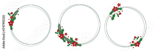 Set of round Christmas frames with evergreen and holly branches, poinsettia flower, winter berries. Decorative elements for design, card, invitation, sale, photo.
