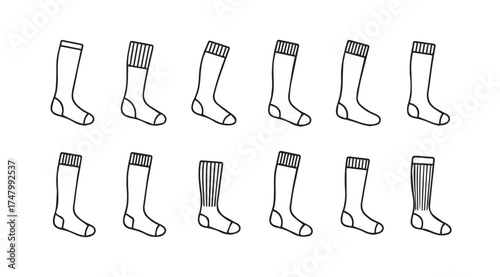Collection of diverse sock styles hand drawn sketch icons for fashion and apparel design vector