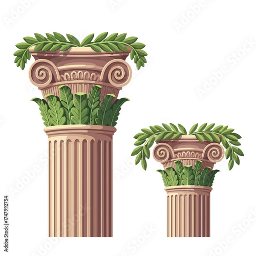 Classical column capital with green leaves and laurel wreath