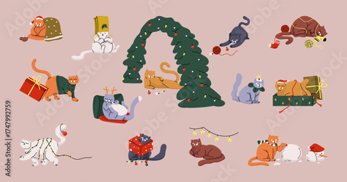 Set Of Flat Christmas Cat
