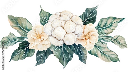 Watercolor Cauliflower & Flowers Arrangement with Green Leaves on Transparent Background